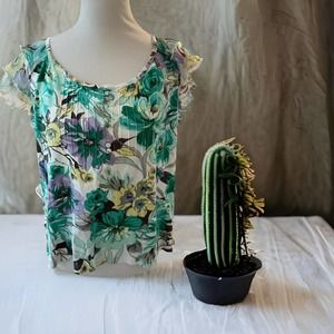 CARIBBEAN Joe Blouse XL Floral Design Flutter Sleeves 1/4 Button front Cotton